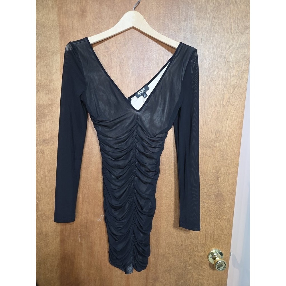 Hera Collection Black Mesh Ruched Bodycon Dress Womens Small Long Sleeve V-Neck
